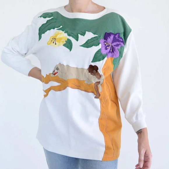 Vintage Spanner Imports  White & Green Tarzan Themed 100% Cotton Sweater S - Picture 1 of 12